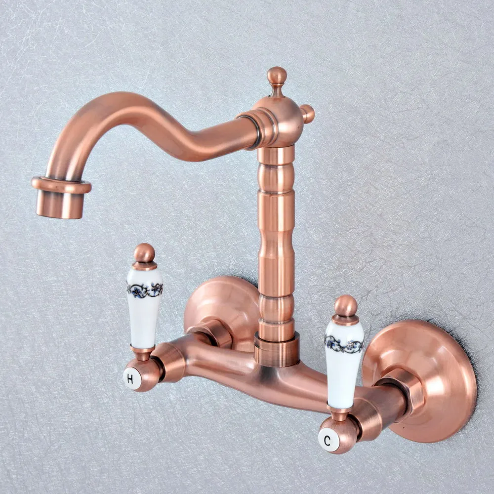 

Antique Red Copper Brass Wall Mounted Kitchen Wet Bar Bathroom Sink Faucet Swivel Spout Mixer Tap Dual Ceramic Handles asf871