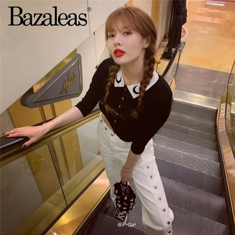 Bazaleas черные центральные значки футболка harajuku панк кроп Топ уличная Луна отложным воротником Женская футболка винтажные Топы Рубашки повседневные