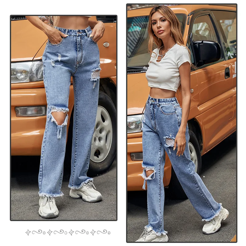 Women's Jeans High Waist Ripped Denim Wide-Leg Pants Fashion Women's Denim Casual Trousers Autumn Street Pants Trend Bottoms