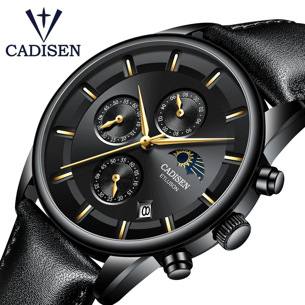 CADISEN2019 Mew мужские кожаные часы многофункциональные хронометражные военные кварцевые часы Бизнес Спорт Досуг 3ATM водонепроницаемый