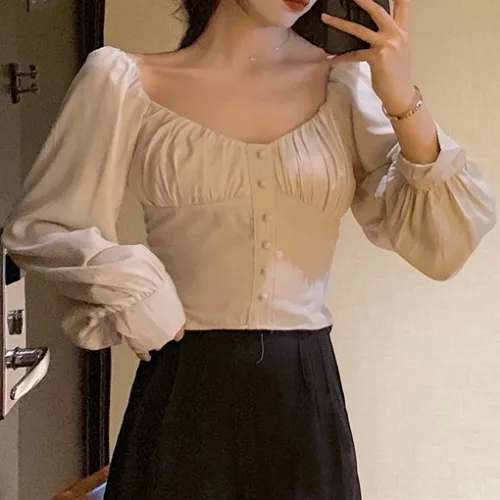 Blusas mujer de moda топы и блузки на пуговицах однотонные рубашки с длинным рукавом и вырезом в винтажном стиле весенне-осенняя женская одежда - Цвет: Бежевый
