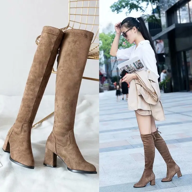 

Square Heel High Fashion Flock Women Boots Butterfly-knot Round Toe Solid Sewing Long Boots Casual Over-the-Knee Winter Shoes