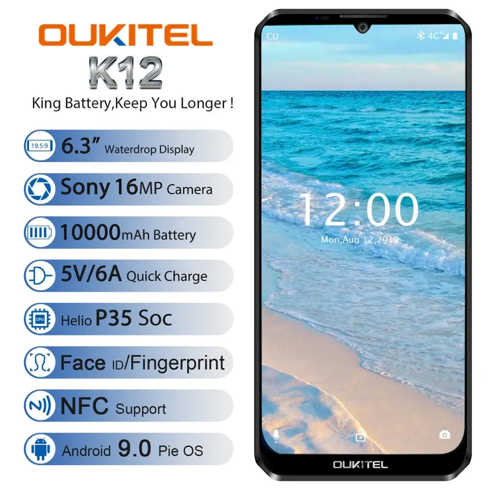 OUKITEL K12 водослива 6," FHD+ Android 9,0 1080*2340 16MP смартфон 6 ГБ 64 Гб Face ID 10000 мАч 5 В/6A OTG NFC мобильный телефон
