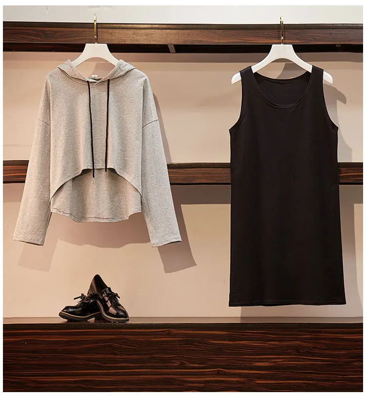 XL-5XL, плюс размер, платье из двух частей, осень, Модные свободные повседневные толстовки с длинными рукавами и жилет без рукавов, хлопковые платья