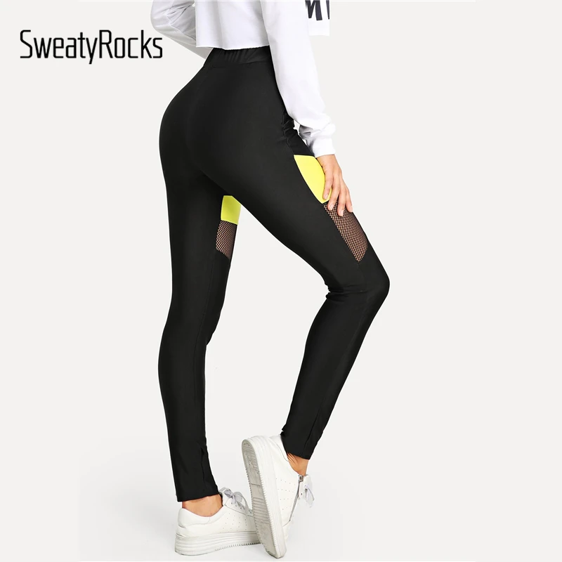 SweatyRocks цветные леггинсы с сетчатыми вставками, леггинсы для активного отдыха, женские обтягивающие леггинсы для фитнеса, Осенние повседневные легинсы для легкой атлетики