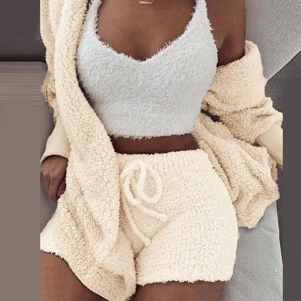 Fuzzy Beige Sexy Two Piece Set Club Birthday Outfits for Women Sweater and Short Pants Matching Sets Fall 2 Pieces 10.15 - Цвет: BG