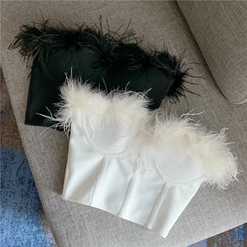 

Feather Strapless Crop Top Womens Bra Corset 2019 Winter New Temperament Sexy Feminine Feather Tops Camisole Tanks Femme