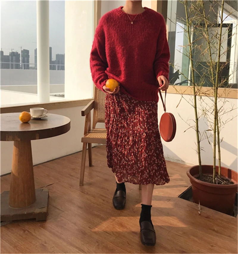Корейский шикарный стиль Круглая горловина вязаные свитеры женские свободные однотонные Для женщин свитера и пуловеры(B8382