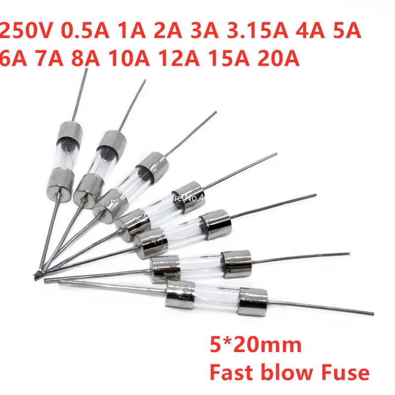 100 шт. 5x20 мм Стекло предохранитель Whit pin 5*20 мм 250V 0.1A 0.5A 1A 2A 3A 4A 5A 8A 10A 12A 15A