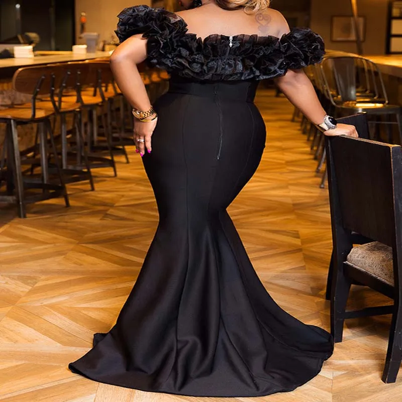 Элегантное кружевное длинное платье русалки, Женская африканская одежда, сексуальное платье с вырезом лодочкой и открытой спиной, тонкое вечернее платье, черное платье - Цвет: Black