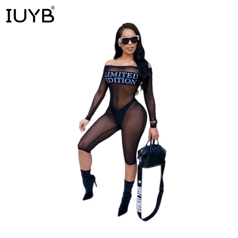 IUYB Spring High Sexy Party Design Women Mini Jumpsuits Letter Lace Slash Neck Full Sleeve Skinny Midi Romper CY8018