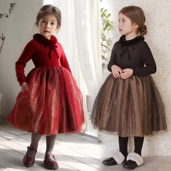 

High Quality New 2019 Winter Girls Dress Baby Princess Dress Thicken Velvet Lace Ball Gown Girls Christmas Dress for Kids,#5551