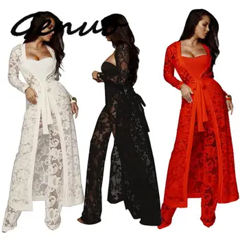 

Genuo Women Sexy Lace 3 Piece Set Strapless Long Sleeve Cardigan Wide Leg Pants With Briefs Casual Outfits Club Costumes Suit