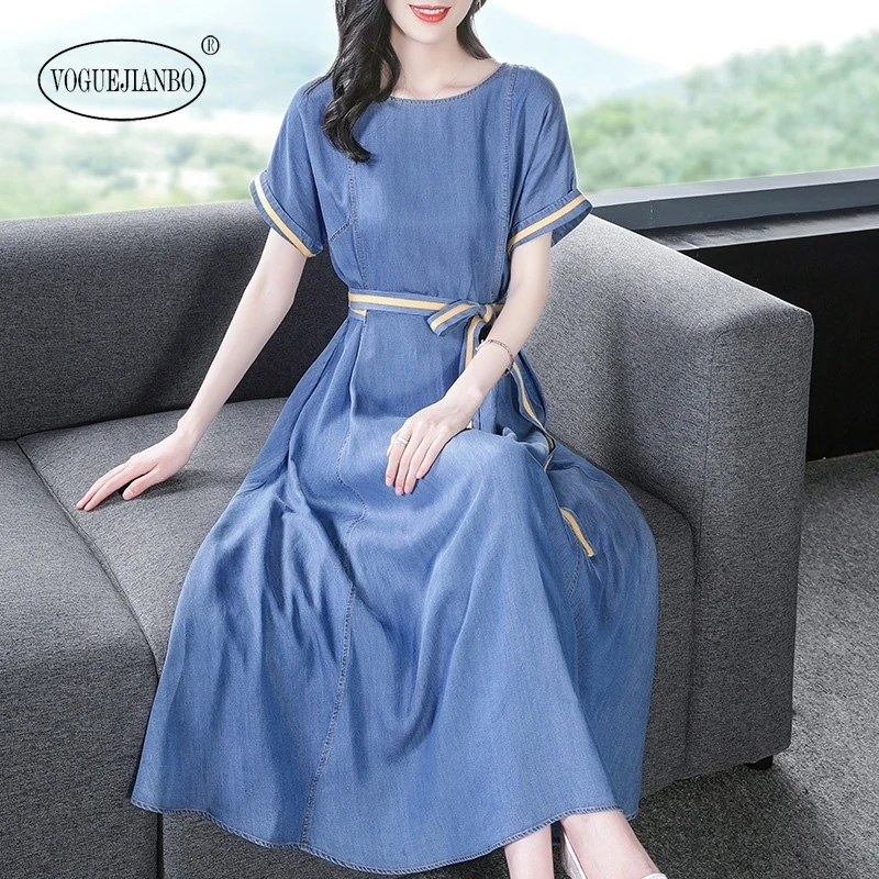 Tencel, джинсовое платье для женщин, весна, новинка, темперамент, круглый вырез, тонкое платье, vestidos de verano, сексуальное женское платье, Ретро стиль