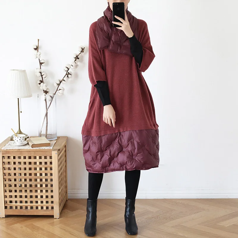 Шерстяное лоскутное платье теплое для женщин зима 2019 новинка круглый вырез семь