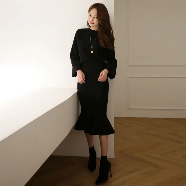 

Set 2019 Autumn And Winter Korean-style New Style Fashion Long-sleeve Knitwear + Sheath Slim Fit WOMEN'S Skirt Two-Piece Set