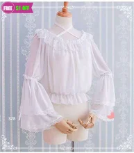 

Sweet Women's Long Flare Sleeve Chiffon Blouse Vintage Off The Shoulder Black White Long Sleeve Top