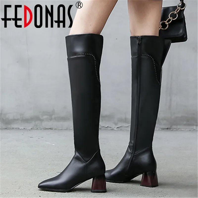 

FEDONAS Genuine Leather Women Over The Knee High Boots Slim Female Riding Boots Night Club Shoes Woman Warm Square Heels Boots