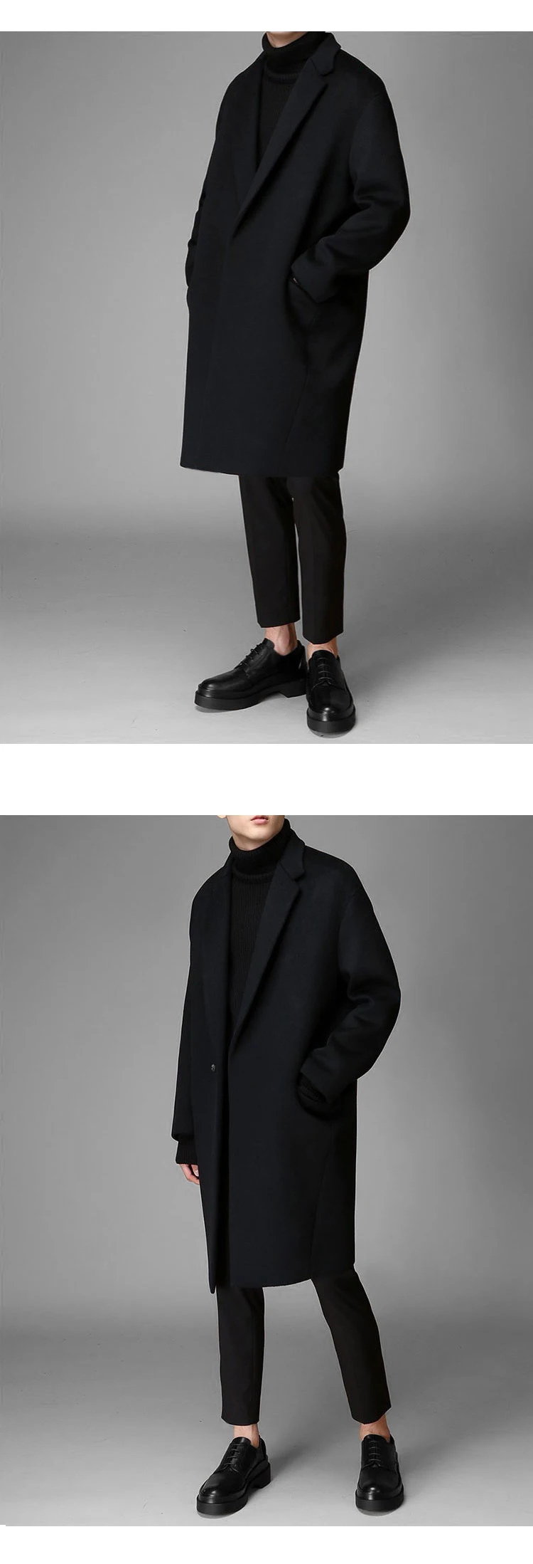 Winter pure color loose in the long woolen coat men's Korean version thickened windbreaker trend coat