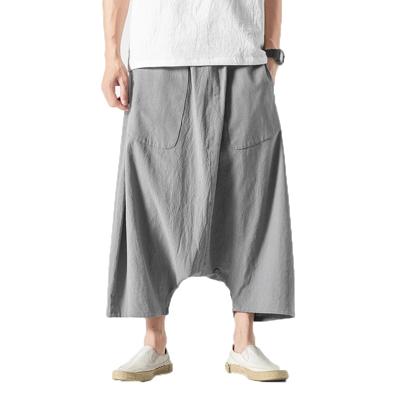 Хлопковые льняные мужские широкие брюки летние мужские повседневные укороченные брюки мужские спортивные брюки однотонные мешковатые брюки с большим карманом
