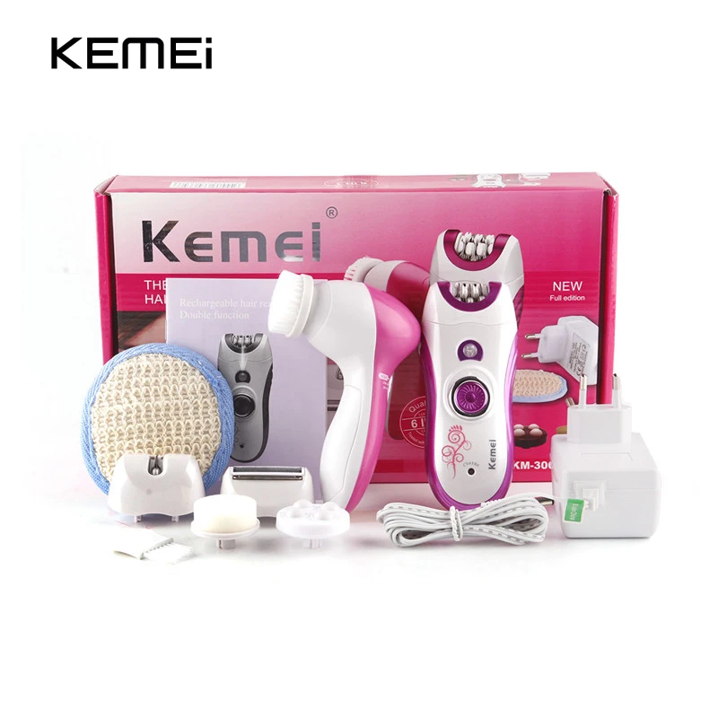 Kemei, женский эпилятор, перезаряжаемый, для женщин, для удаления волос, бритва с питанием, очищающие устройства для лица, для мытья лица, 6 в 1, электрический