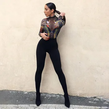 

Summer New Women Mesh Perspective Print Long Sleeved Jumpsuit Ladies Sexy Slim Long Sleeve Stretch Playsuit