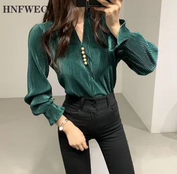 

Korean Style Shirts Women Temperament Spring New 2020V-neck Wild Ladies Blouses and Tops Flared Sleeve Women Clothing V389