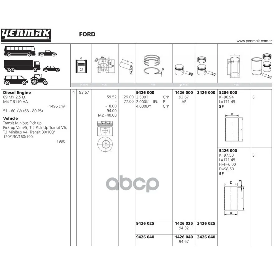 Поршень Двс Без Колец Ford Transit 2.5d =93.64 2.5x2x4 Std 88 YENMAK арт. 1426.000