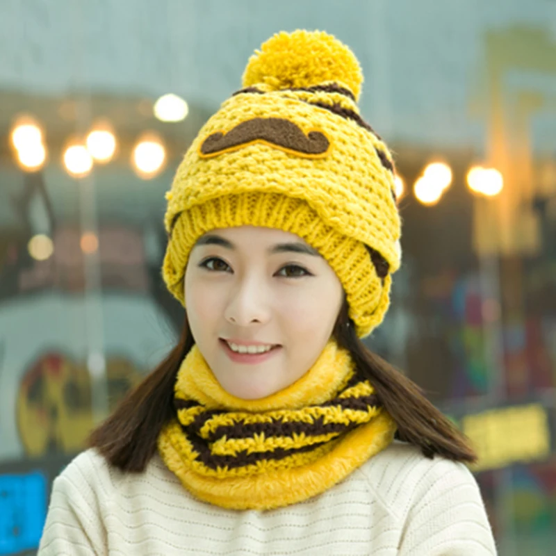 Winter knitted Beanies Hats Women Thick Warm Beanie Skullies Hat Female knit Letter Bonnet Beanie Caps Outdoor Riding Sets - Color: Yellow