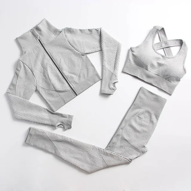 Yoga Set Workout Gym Clothing Fitness For Women's Tracksuit Outfit Leggings Sport Bras Top Long Sleeve Women Sportswear Suit 3 Pcs set gray
