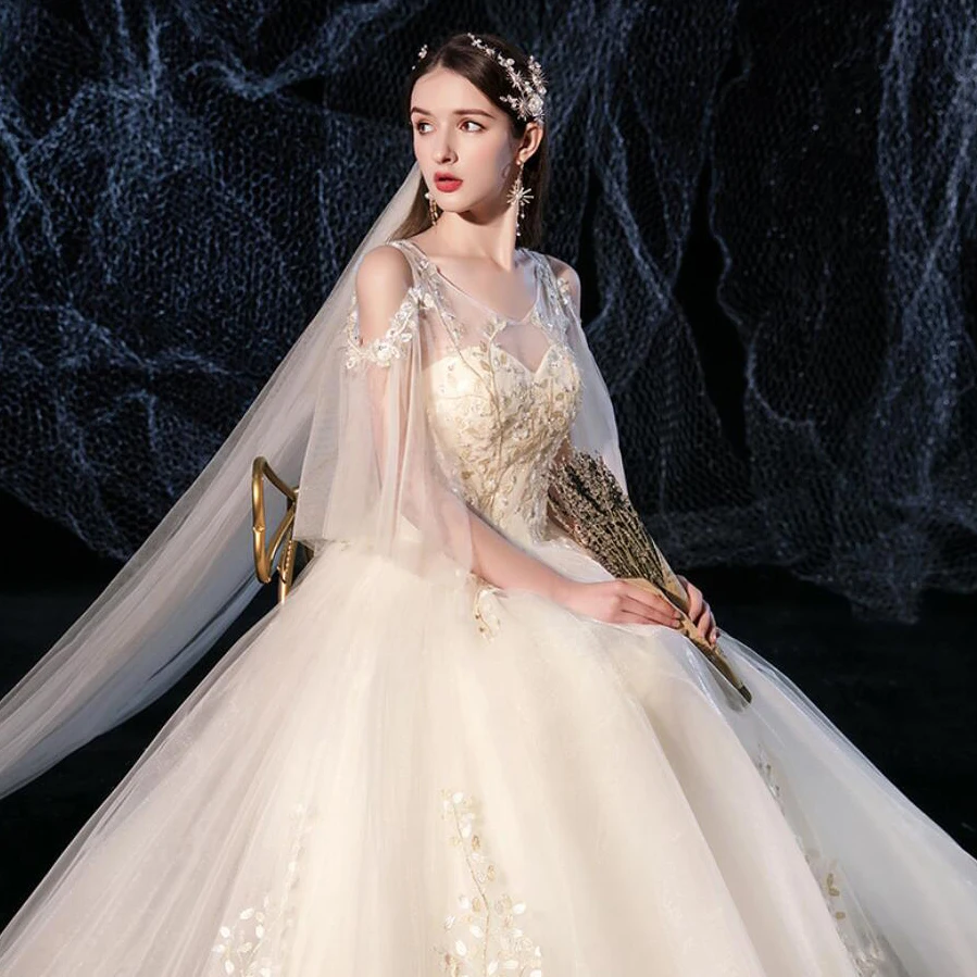 

Appliques Beads O-Neck Wedding Dresses Off Shoulder Princess Ball Gown Champagne Wedding Dress Vestido De Novia