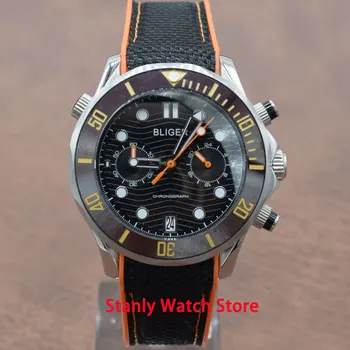 

Solid Bliger 41mm black dial luminous marks ceramic bezel stainless steel case chronograph function quartz movement men's watch