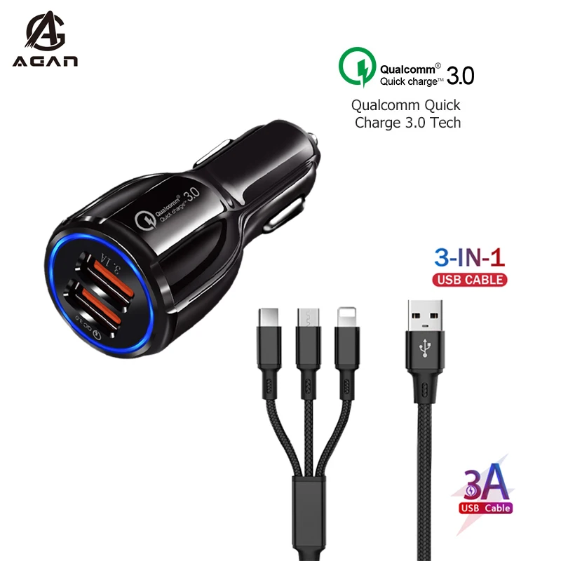 3 In 1 Fast Charging Cable For Iphone Se Xs 12 11 Pro Max Xr X 8 7 6 6s Plus 5s 5 Dual Usb Port Qc 3 0 Car Charger Adapter Car Chargers Aliexpress
