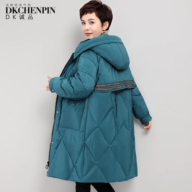 Thick Hooded down Jacket Women's Mid-length Winter New Style Stripes Korean-style Loose And Plus-sized Warm Coat