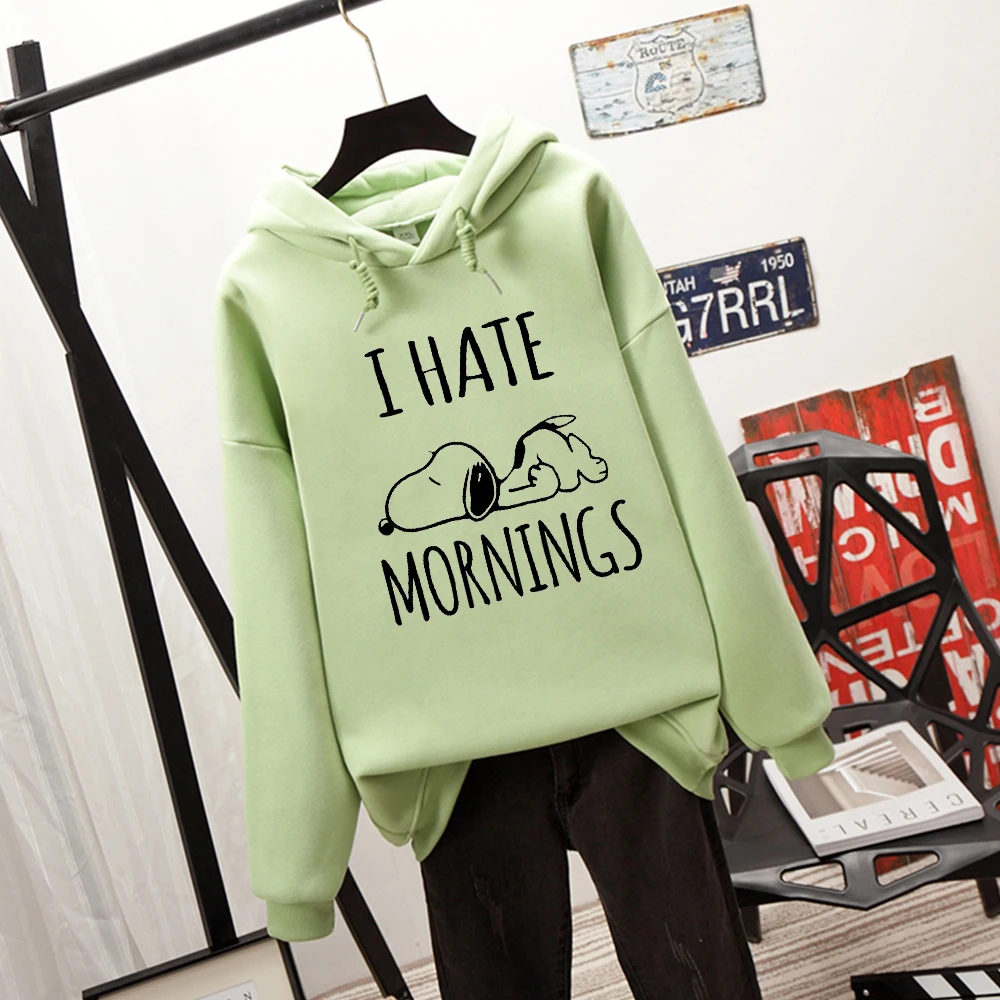Зеленый Толстовка с капюшоном с надписью «I Hate Mornings» и надписью «Sleeping Cute Dog»; Kawaii; толстовка в стиле Харадзюку; уличная одежда; теплая Женская толстовка в Корейском стиле - Цвет: Зеленый