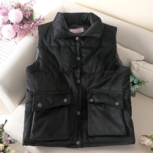 Corduroy Vest Women Fall Winter Cotton Coat New Korean Version Short Corduroy Stand Collar Waistcoat Big Pocket Vest - Цвет: Черный