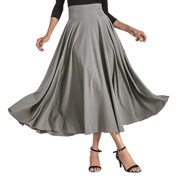 

Womens Vintage Pleated Skirts Autumn Spring High Waist Solid Color Pleated Solid Color Stretch Long Skirt Femme