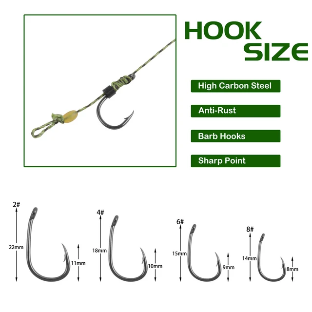24Pcs Leader Carp Fishing Hooks Hair Rigs With Braided Line Size 2