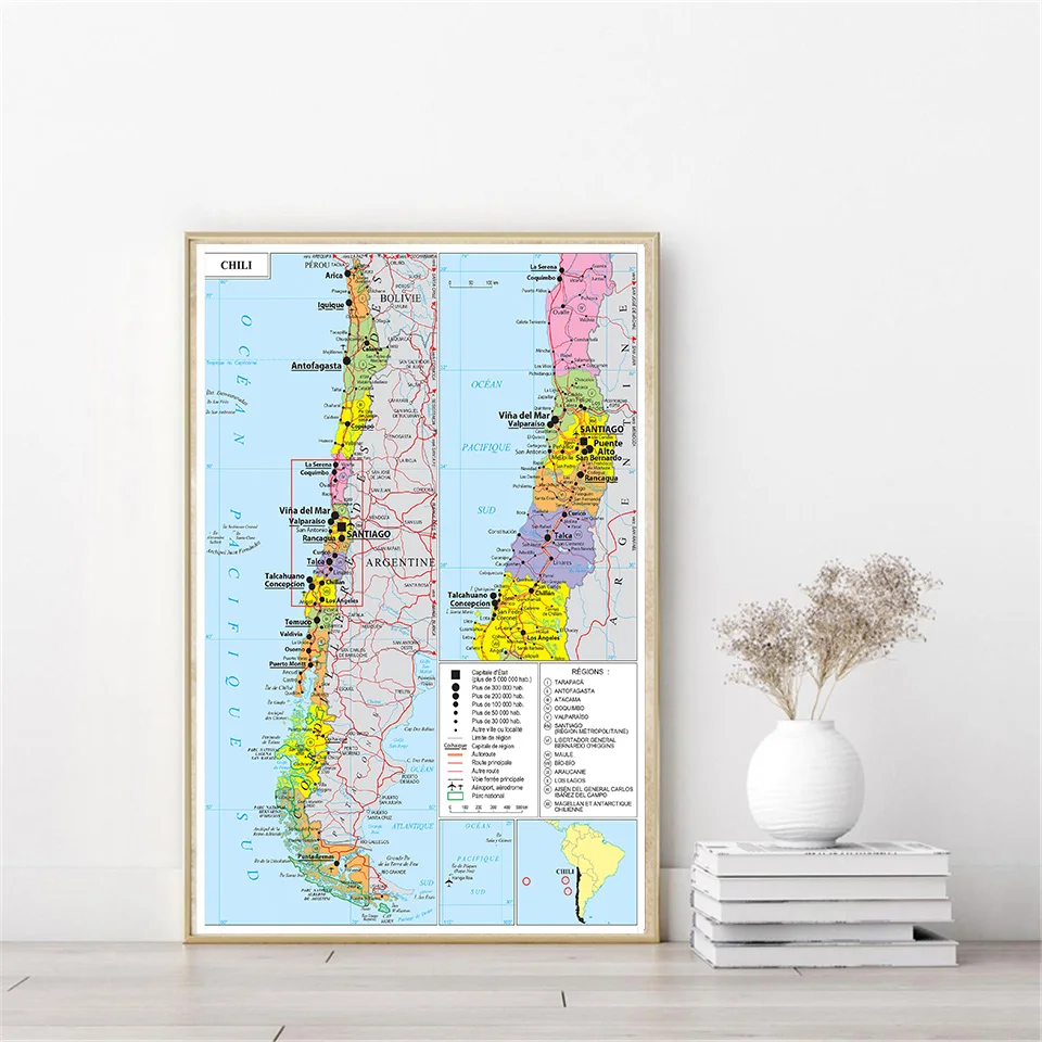 42*59cm Transportation Map of The Chile Political Map In French Small Poster Canvas Painting Travel School Supplies Home Decor