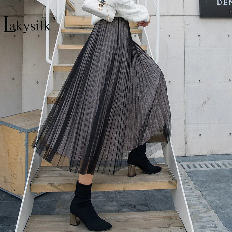 Женские тюлевые юбки, летняя длинная юбка макси, Женская эластичная плиссированная юбка-пачка с высокой талией, сетчатая юбка, Женская однотонная черная серая Синяя
