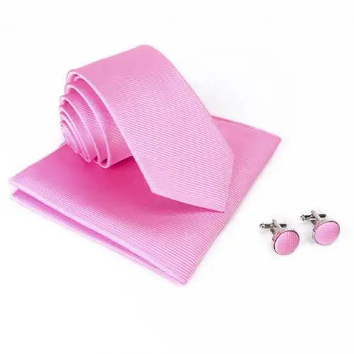 Pink 3 шт., деловой мужской Одноцветный ребристый галстук, шарф, манжета, костюм, набор аксессуаров для шеи, галстук, модная рубашка, платье, аксессуары, подарок для мужчин - Цвет: Pink