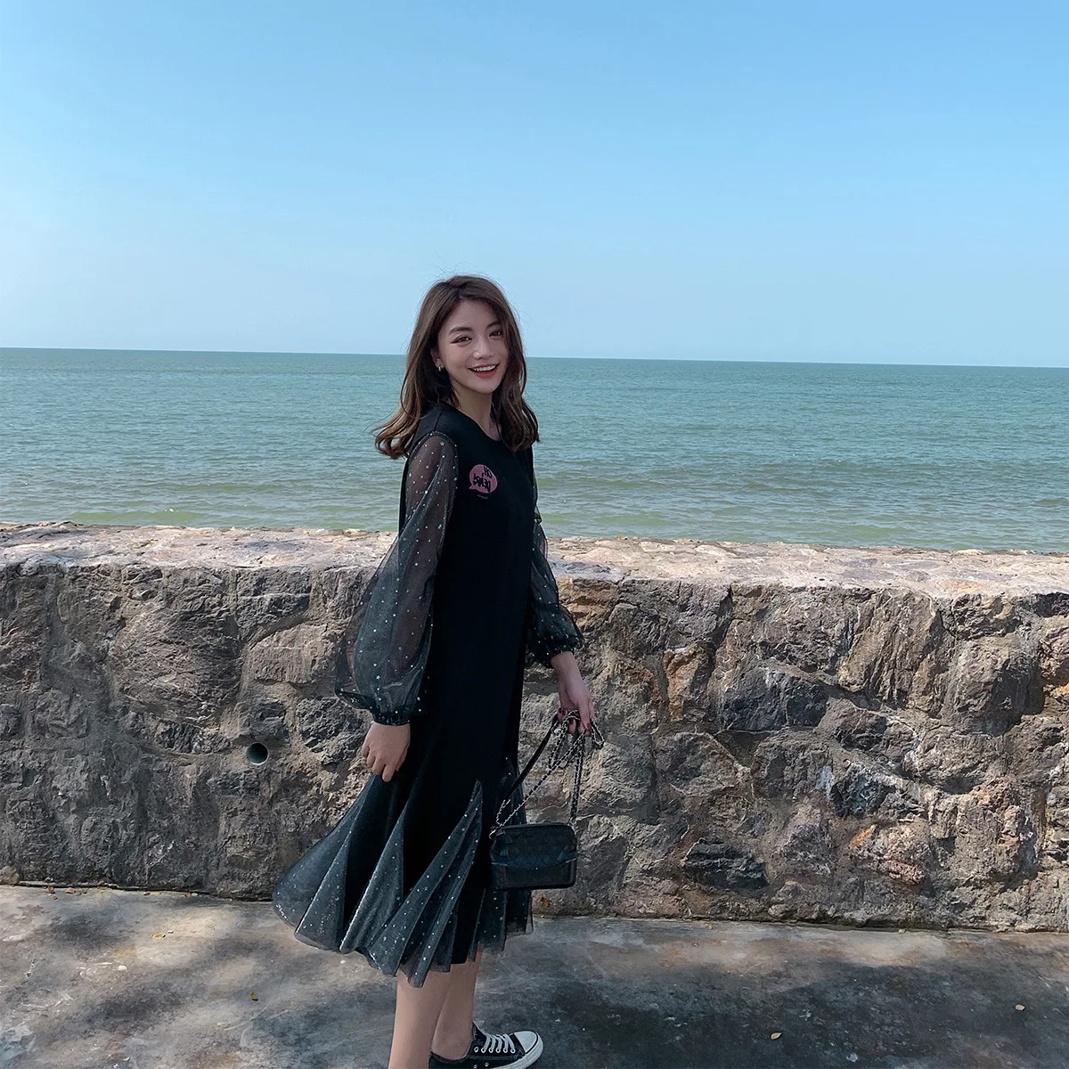 

Photo Shoot 2020 Spring New Style Knit Spell Shiny French Splicing Dress Retro Mori Girl Line GIRL'S Heart