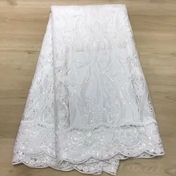 

Latest White French Tulle Lace Fabric 2020 High Quality Nigerian Women Party Dress Embroidery Sequin 5 Yards African Lace Fabric
