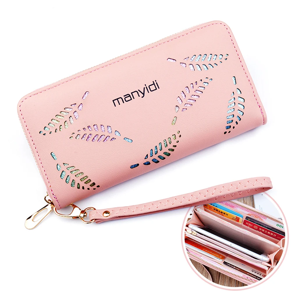 

Long Zip Hollow Colorful Leaves RFID Women Purse Zipper Coin-Pocket 8 Card Slots Cellphone Open Pocket PU Leather Clutch Wallet