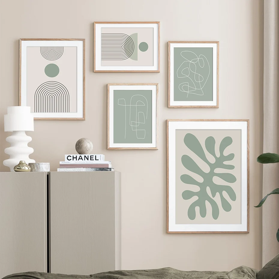 

Modern Abstract Green Beige Line Drawing Art Canvas Painting Minimalist Poster Print Wall Picture Living Room Gallery Home Decor