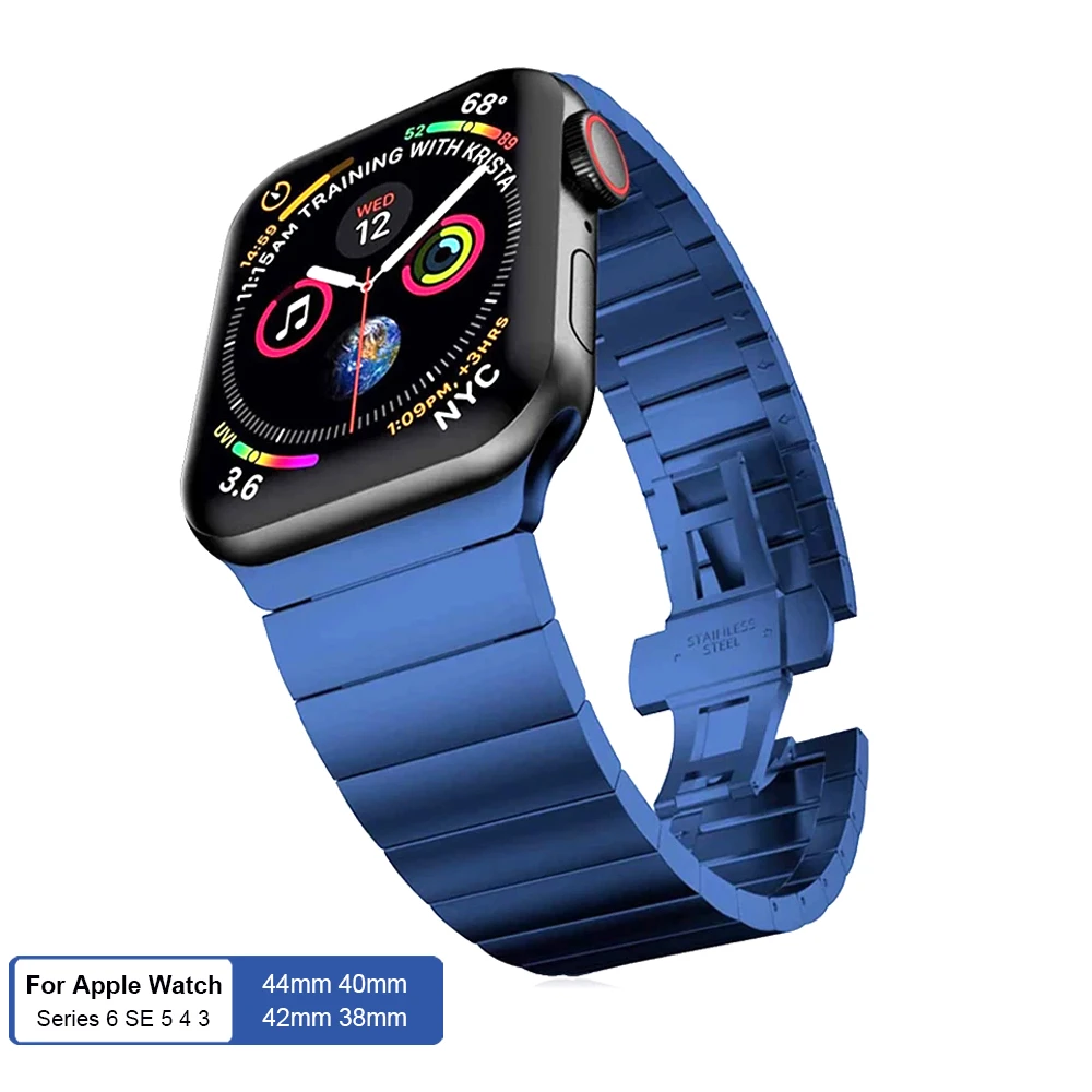 Vlinder Gesp Blue Metal Link Armband Strap Voor Apple Horloge Serie 6 5 Se  44Mm 40Mm Band Roestvrij staal Horlogeband|Watchbands| - AliExpress
