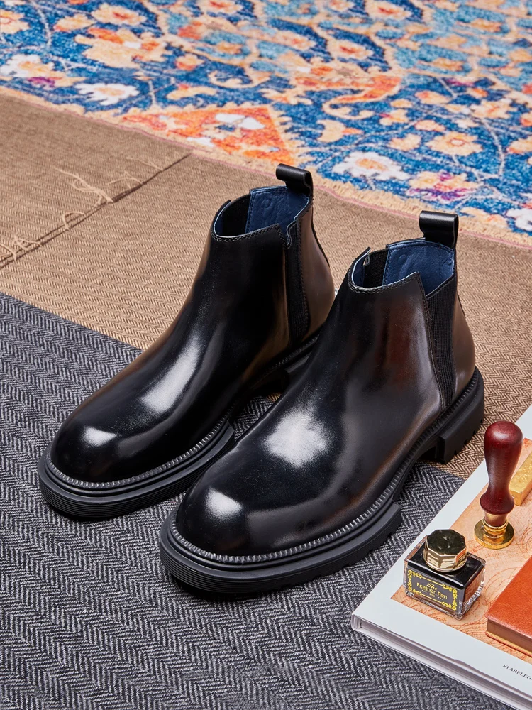 Chelsea boots mens Winter Plus Velvet Warm High Top Autumn Winter British Retro Men Shoes All Match Cowhide Genuine Leather