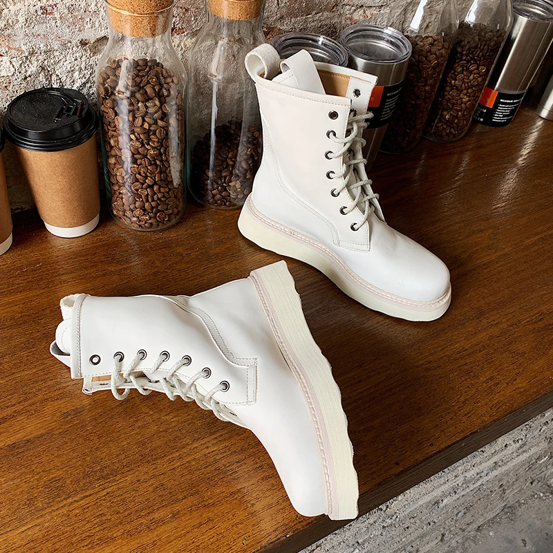 Flat Platform Chunky Sole Chelsea Boots Women Designer Fashion Shoes White Black Leather Motorcycle Boots