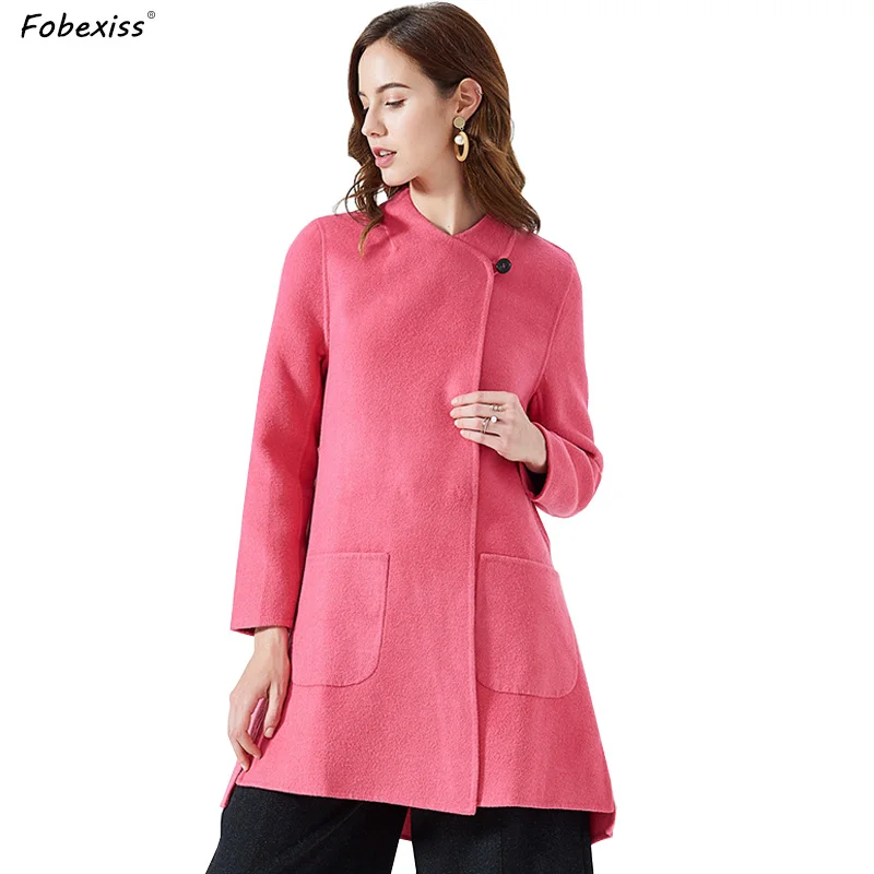 

Elegant Rose Red Woolen Coat Winter 2019 Oversize Overcoat Office Lady 100% Wool Long Coat Office Lady High Quality Wool Coat