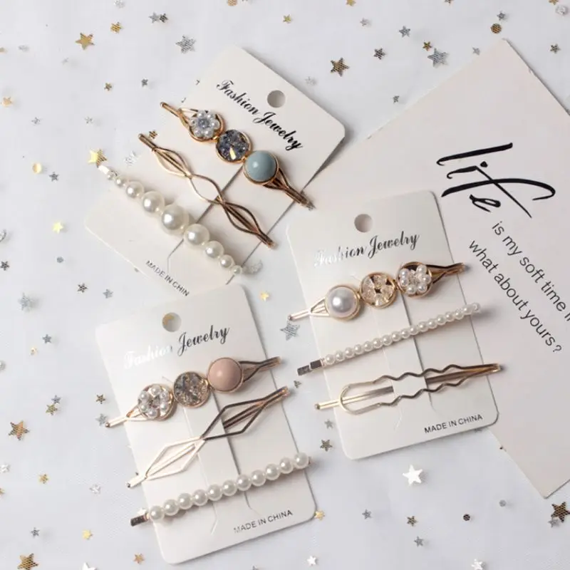 

3Pcs/Set Sweet Girls Romantic Geometric Hair Clips Colored Imitation Crystal Beaded Hairpin Faux Pearl Jewelry Styling Barrettes